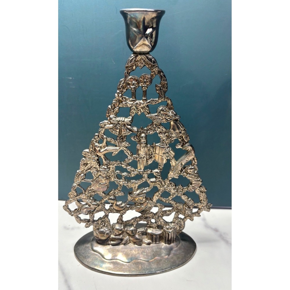 Vintage Silver Plated Christmas Tree Taper Candle Holder Ornate Holiday Decor
